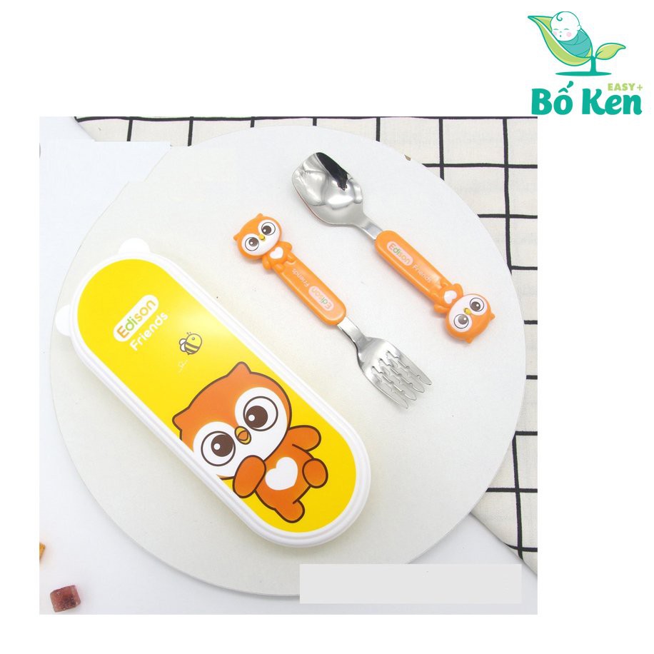 Shop Bố Ken Set tập ăn 3 món [Thìa, Dĩa, Đũa xỏ ngón] Edison, hình cú mèo [Tay phải]