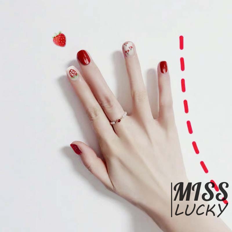 Set 24 móng tay giả trang trí móng DIY họa tiết dâu tây thời trang