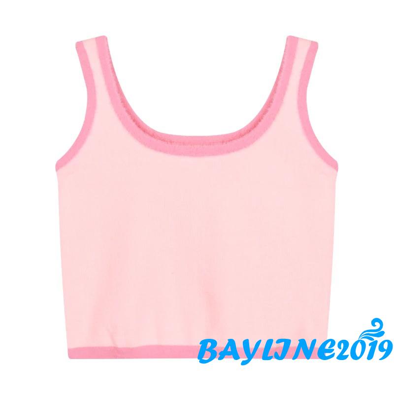 BAY-Women Summer Crop Tops, Plush Hem Decor Ribbed Bottoming Sleeveless Elastic U-neck Camisole