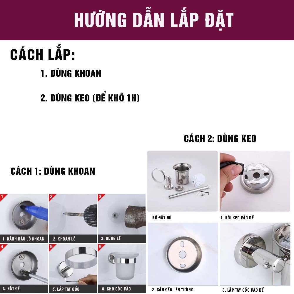 Cốc chổi cọ bồn cầu, toilet nhà vệ sinh treo tường, có giá đỡ, Inox 304 kháng khuẩn, không cần khoan, Dan House