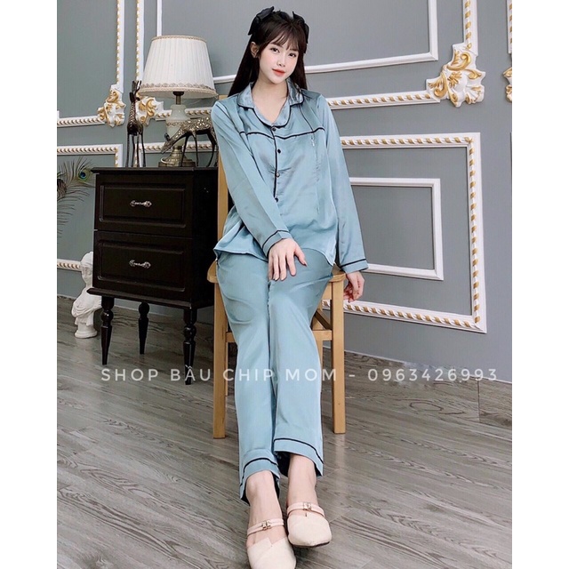 Bộ Lụa Pijama Mặc Bầu và Sau sinh- Chất Lụa gấm đẹp, áo khoá kéo cho bé ti quần chun chỉnh thoải mái