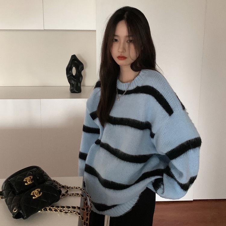 Áo sweater Dệt Kim Cổ Tròn Kẻ Sọc Màu Sắc Phong Cách Nhật Bản Thời Trang Thu Đông Cho Nữ
