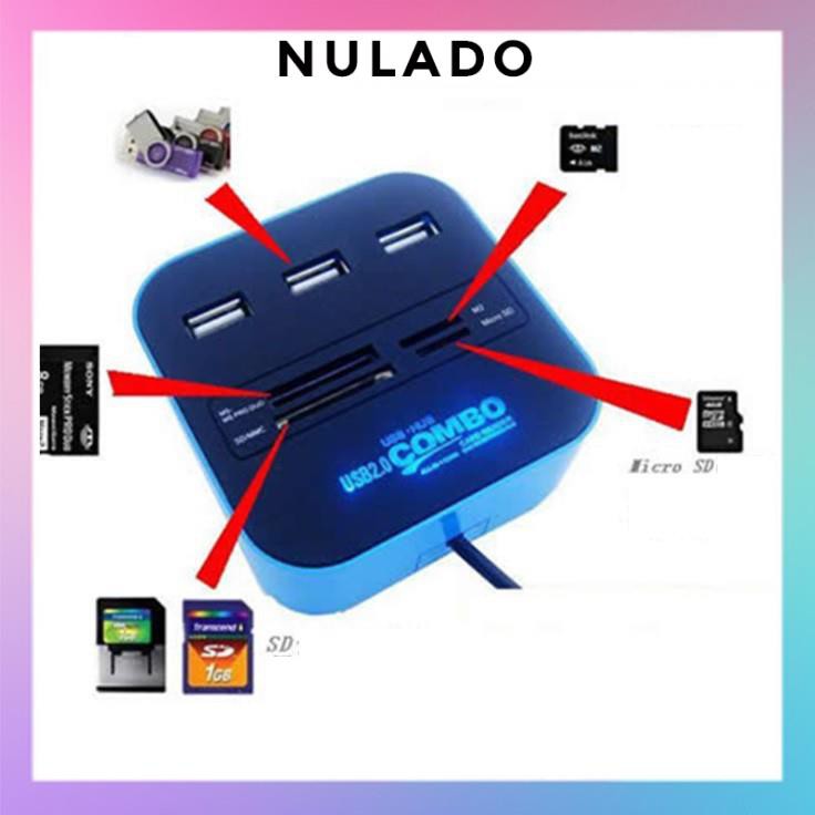 Bộ chia USB HUB kiêm đầu đọc thẻ nhớ 2 in 1 cổng 2.0 giá rẻ mẫu 3 giao màu ngẫu nhiên NULADO