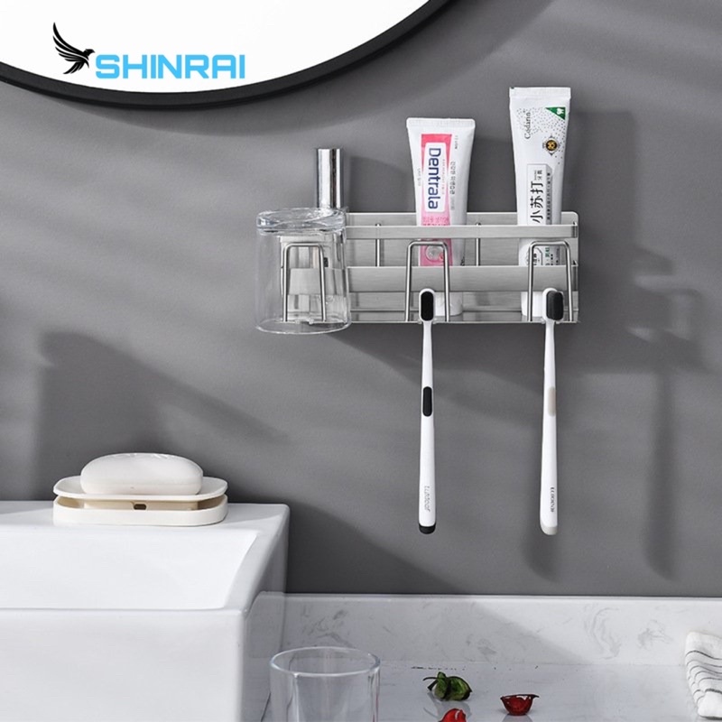 ( Dán Tường ) Kệ Đựng Bàn Chải , Giá Đựng Tuýp Kem Đánh Răng INOX SUS304 Xước Mờ 3 Cốc Chính Hãng SHINRAI