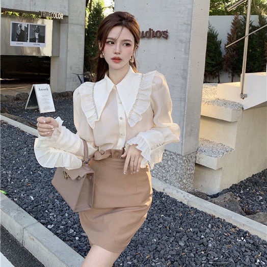 Set áo sơ mi tay dài phồng và đầm hai dây lưng cao ôm dáng thời trang dành cho nữ