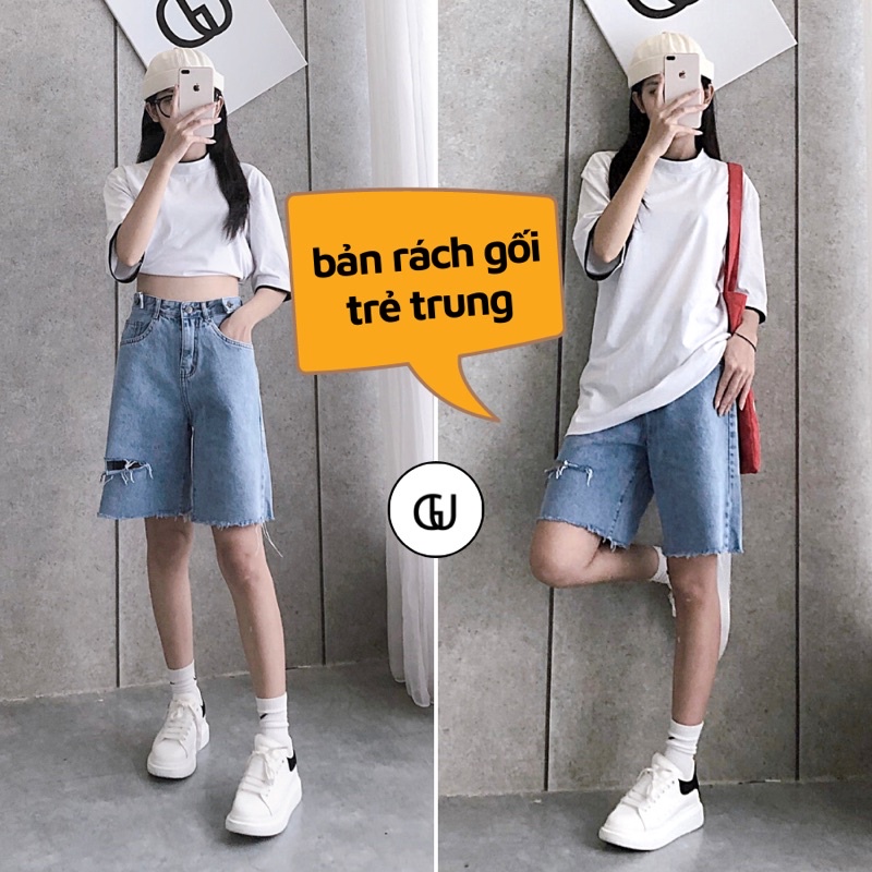 Quần Short Jean Nữ Trơn Cạp Cao Dáng Rộng Chất Quần Bò Dày Dặn Thương Hiệu GUF