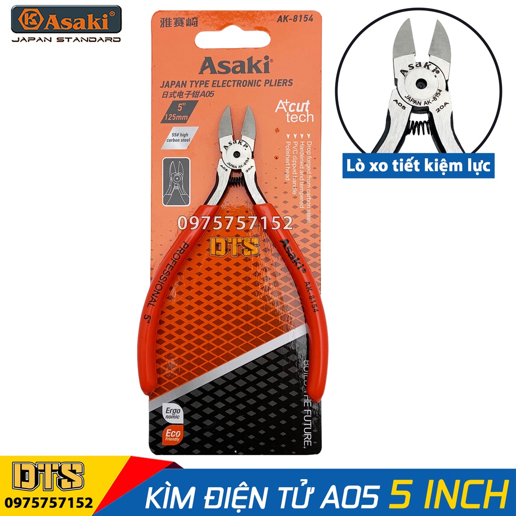 Kìm điện tử kiểu Nhật A05 Asaki AK-8154 5 inch, kìm cắt dây điện mini mũi vát chéo, kềm cắt mạch điện tử 125mm
