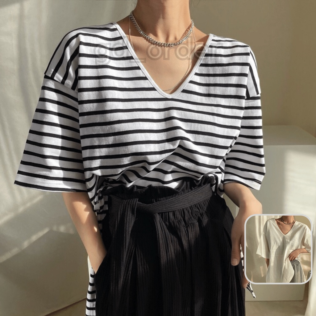 A26|Áo thun nữ kiểu tay lỡ form rộng hàn quốc chất cotton sọc ngang đơn giản màu trắng gd_order