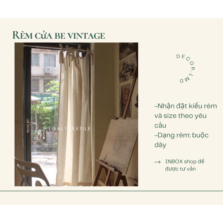 Rèm cửa sổ màu be dạng buộc dây vintage, rèm vải linen buộc nơ xinh xắn trang trí phòng ngủ, quán cafe