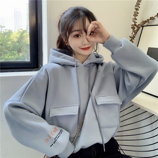 Áo Hoodie Dáng Rộng Ngắn Thêu Họa Tiết Phong Cách Hàn Quốc Cho Nữ