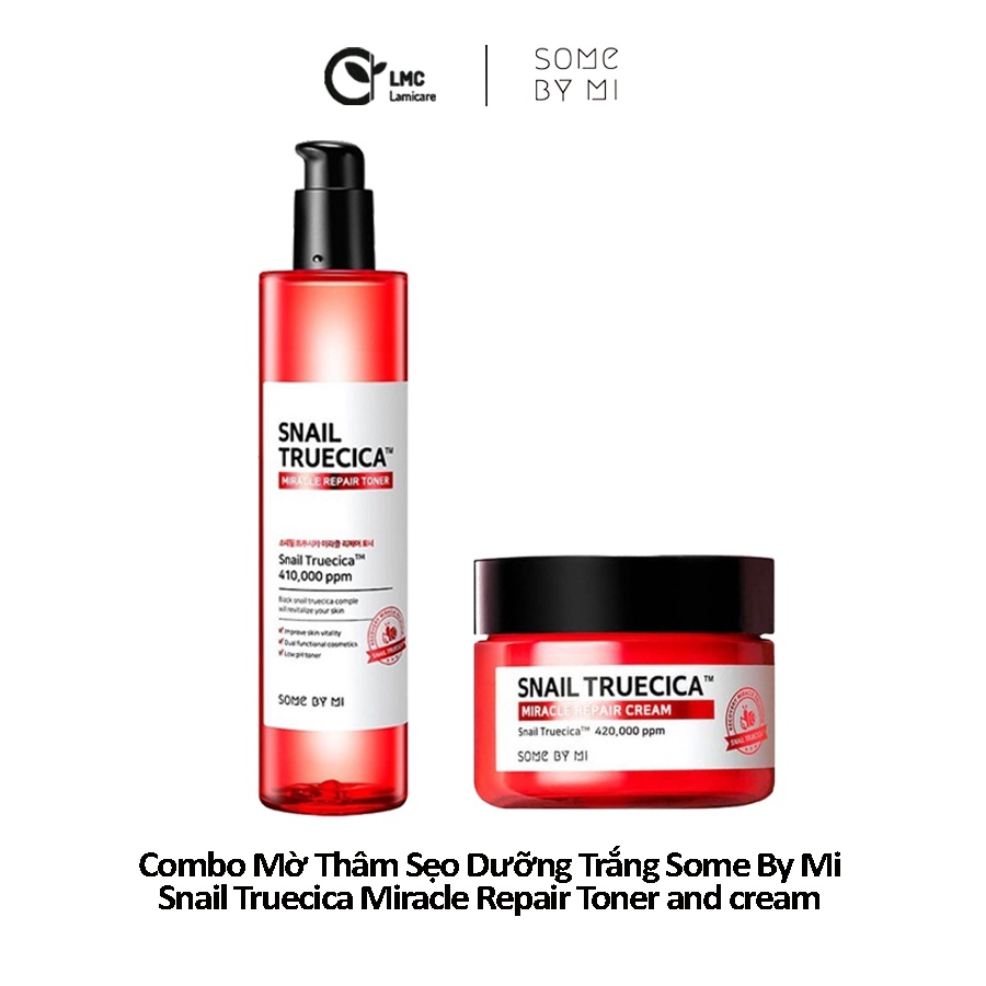 Bộ 2 sản phẩm mờ thâm sẹo và dưỡng trắng some by mi snail truecia miracle repair toner and cream full size