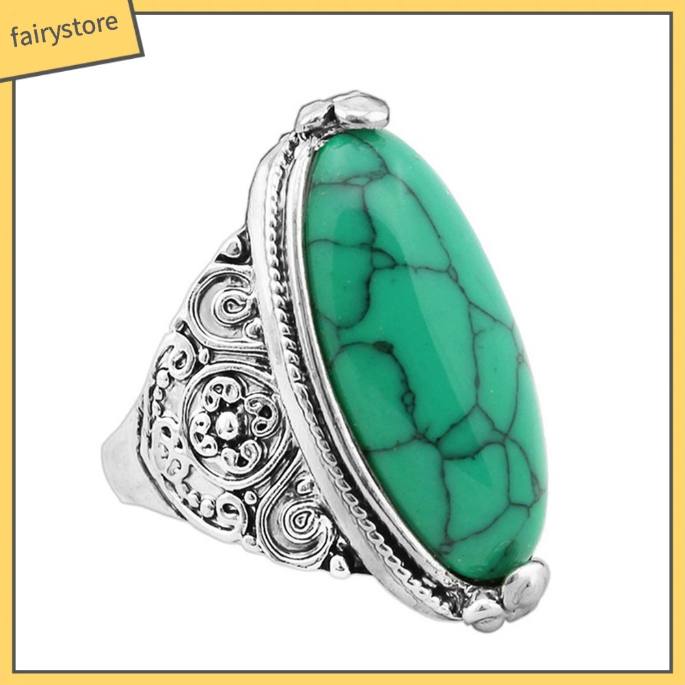 FS_Women Boho Vintage Oval Turquoise Antique Silver Plated Carving Ring Jewelry