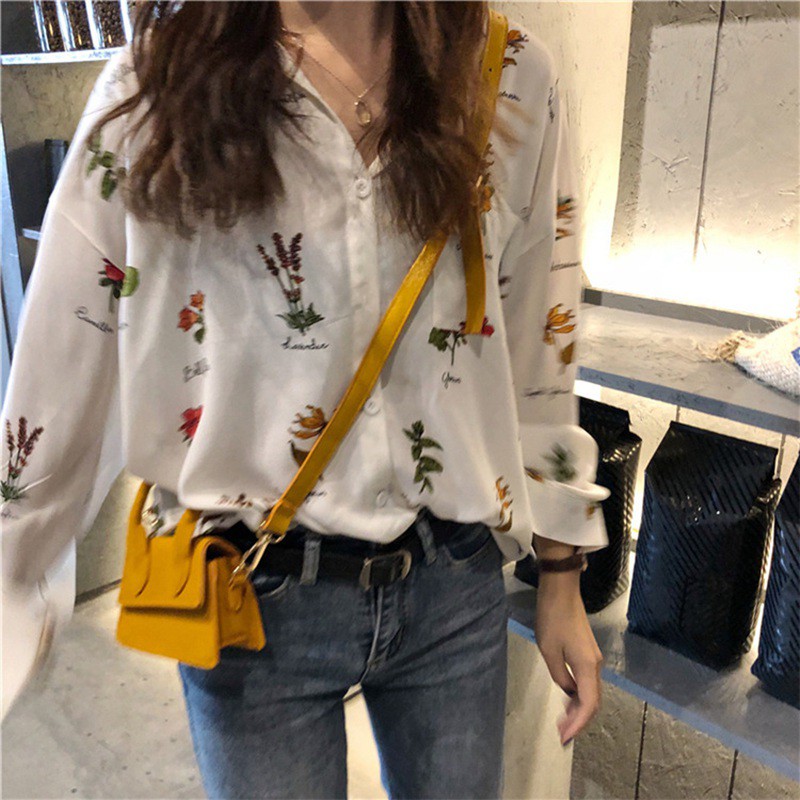 Women Fashion Floral Print Casual Long-sleeved Shirt Blouse