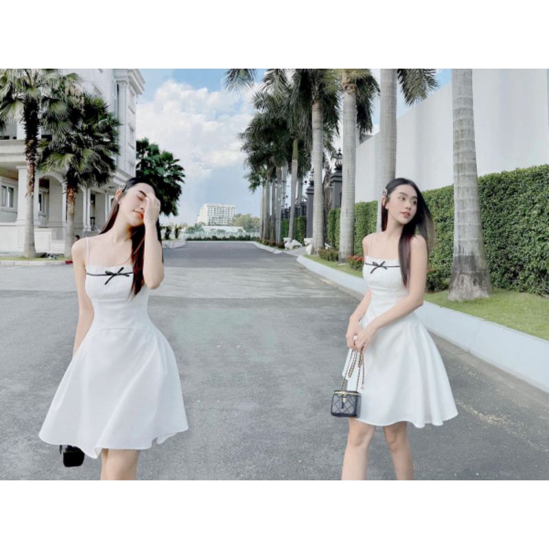 Đầm Xoè 2 Dây Xếp Ly Ngực Nơ Nhí
