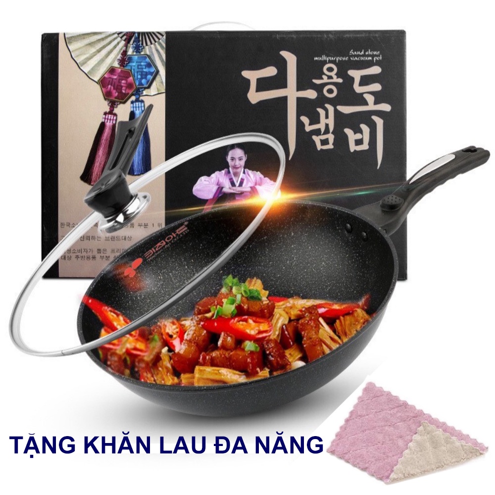 Chảo Chống Dính Siêu Bền Sâu Lòng Đá Coopia Hàn Quốc có nắp kính size 32cm (Tặng thìa gỗ + Khăn lau đa năng)