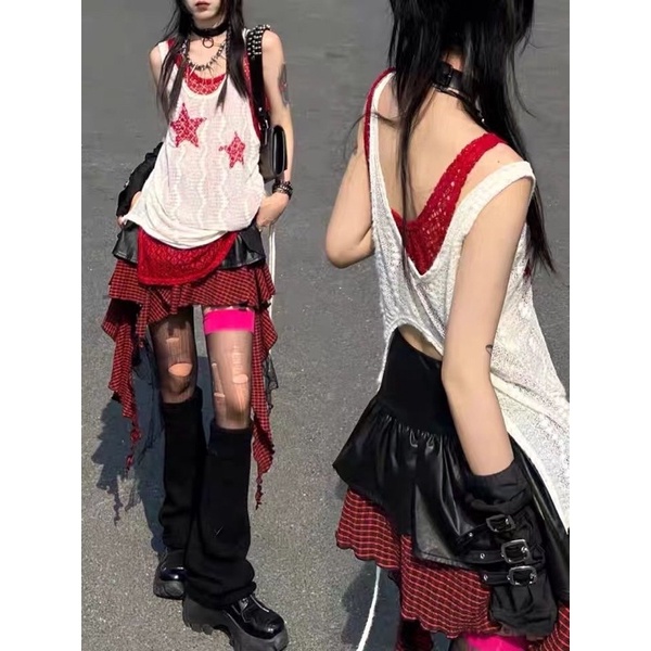 Áo lưới 2 lớp hoạ tiết sao Rock Star phong cách Gothic Y2K