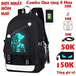Bộ Balo nam nữ đi học phát sáng hình Luffy Tặng ( VÍ MẮT + TAI NGHE + CÁP USB + KHÓA SỐ)