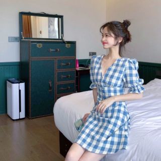 Đầm Nữ Caro Xanh Cúc Bọc (KÈM ẢNH THẬT)