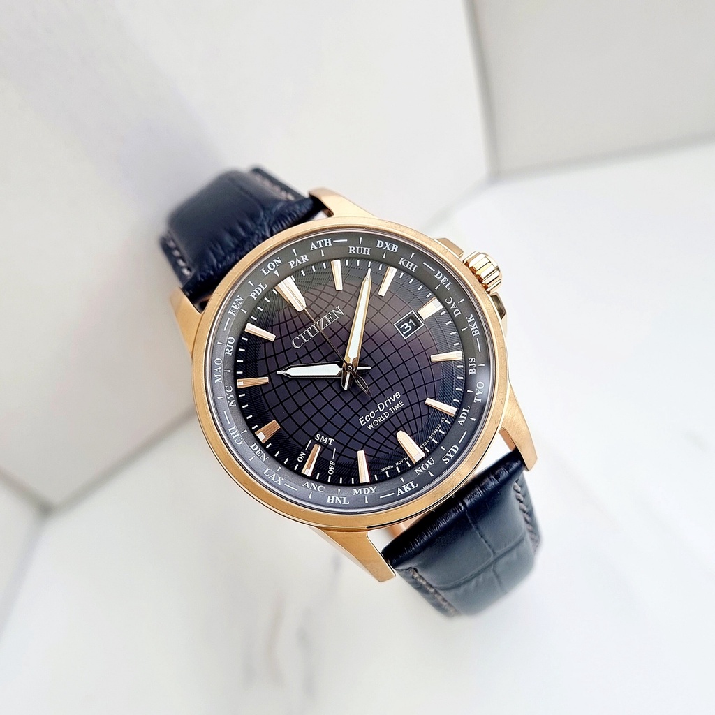 Đồng Hồ Nam Citizen World Time BX1003-08E Eco-Drive Dây Da Vỏ Rose Mặt Đen