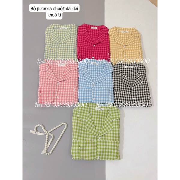 Bộ pijama mặc bầu và sau sinh có khoá ti ngực áo dài quần dài hoạ tiết kẻ ô xinh