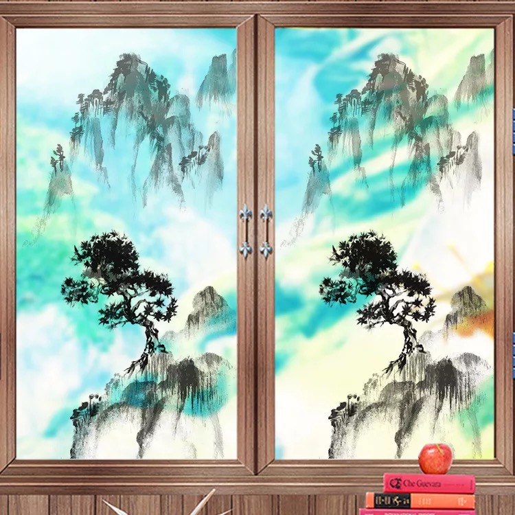 Decal trang trí kính cao cấp mẫu Ngọn Núi lớn và cây to (60cm x 116cm)