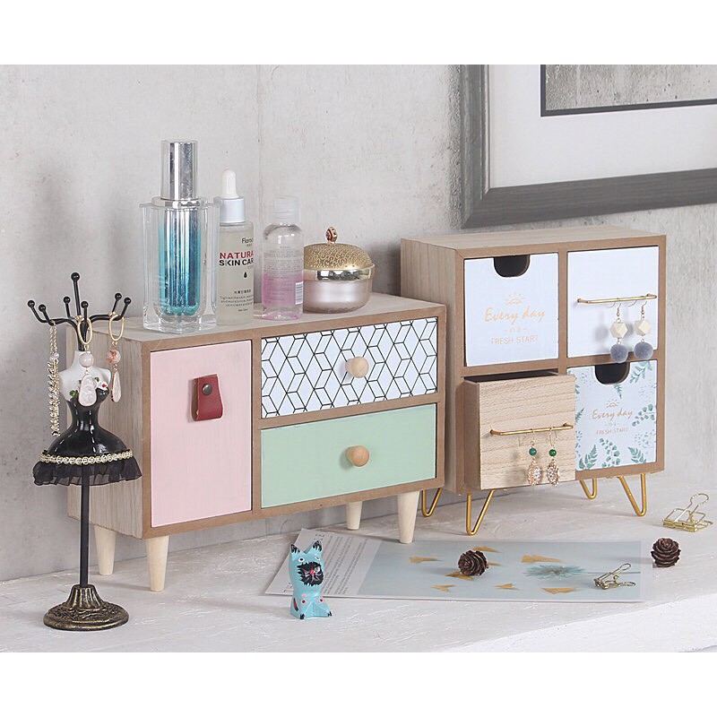 Kệ tủ gỗ ngăn kéo mini để bàn tiện lợi, tủ mỹ phẩm, tủ trang sức, tủ cá nhân