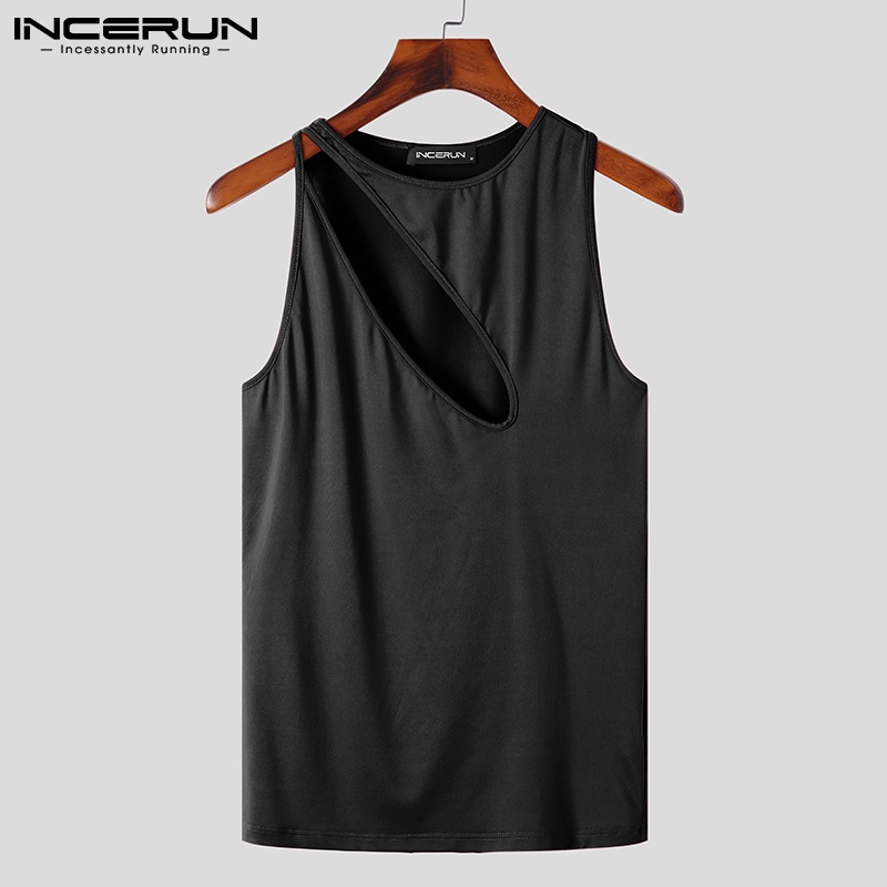 Áo thun INCERUN cổ tròn dáng ôm khoét rỗng không tay thoải mái cho nam màu đen