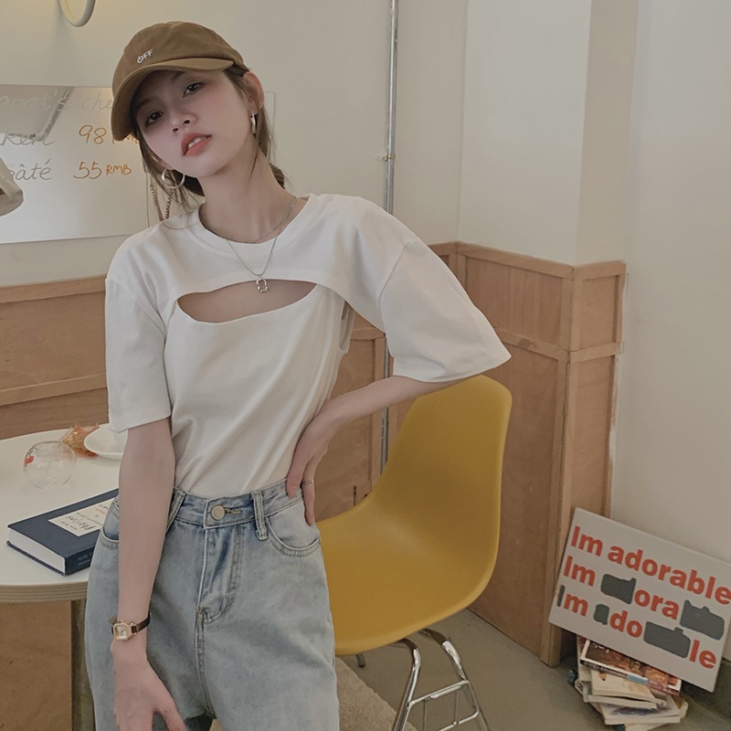 QADCOL Áo Thun Tay Ngắn Thiết Kế Lỗ Rỗng Cao Cấp Thời Trang