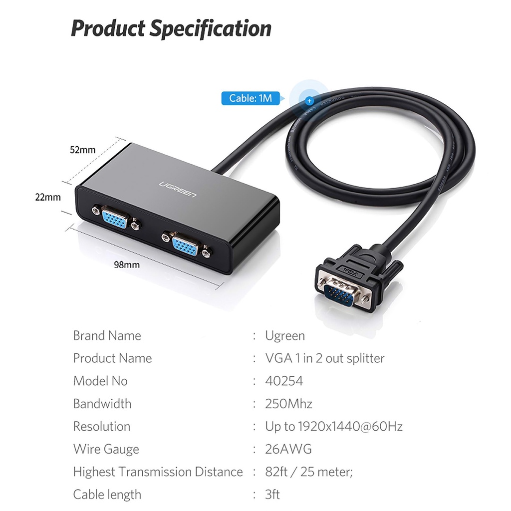 Cáp chia cổng VGA 1 ra 2 chính hãng Ugreen 40254 cao cấp