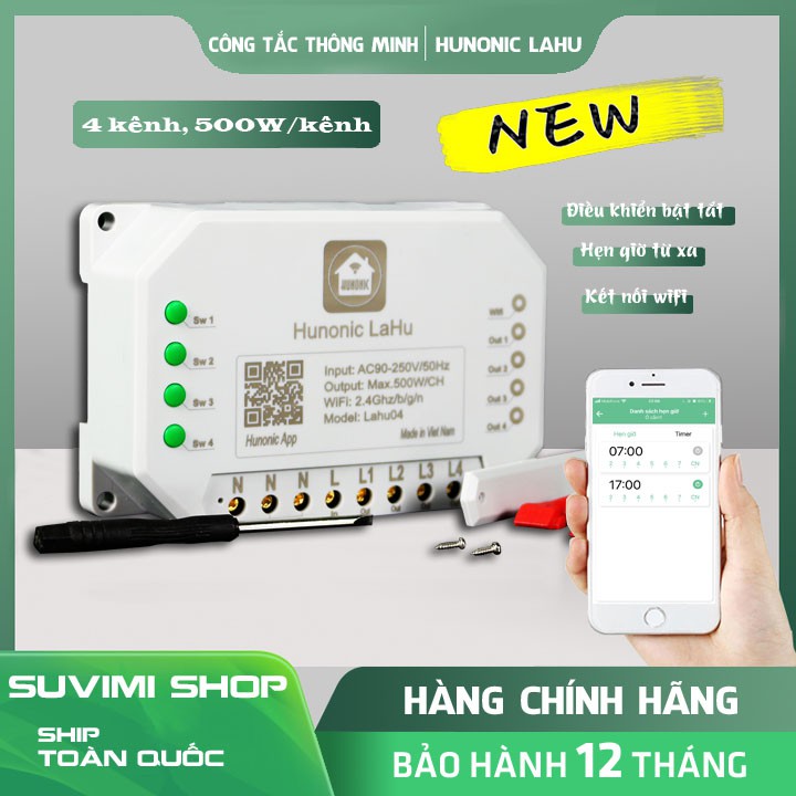 [HÀNG CHÍNH HÃNG] Công tắc THÔNG MINH Hunonic Lahu 4 kênh 500W/Kênh | Điều khiển từ xa bằng điện thoại | BH 12 THÁNG