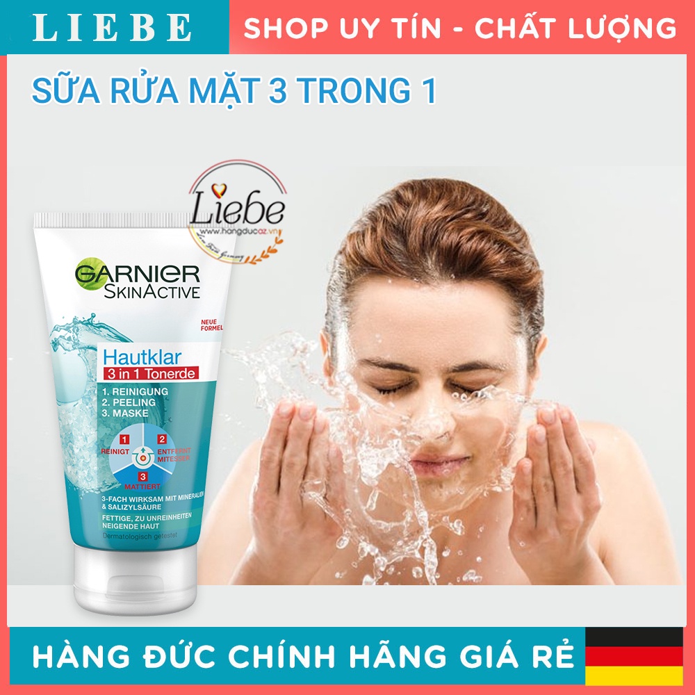 Sữa rửa mặt Garnier Hautklar 3in1 Reinigung + Peeling + Muske 150 ml hàng Đức