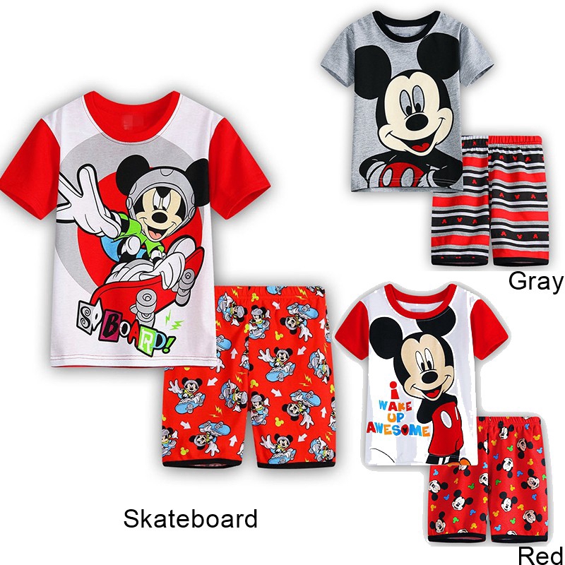 Bộ pijama ngắn tay in hình chuột Mickey + quần ngắn chất liệu cotton cho bé