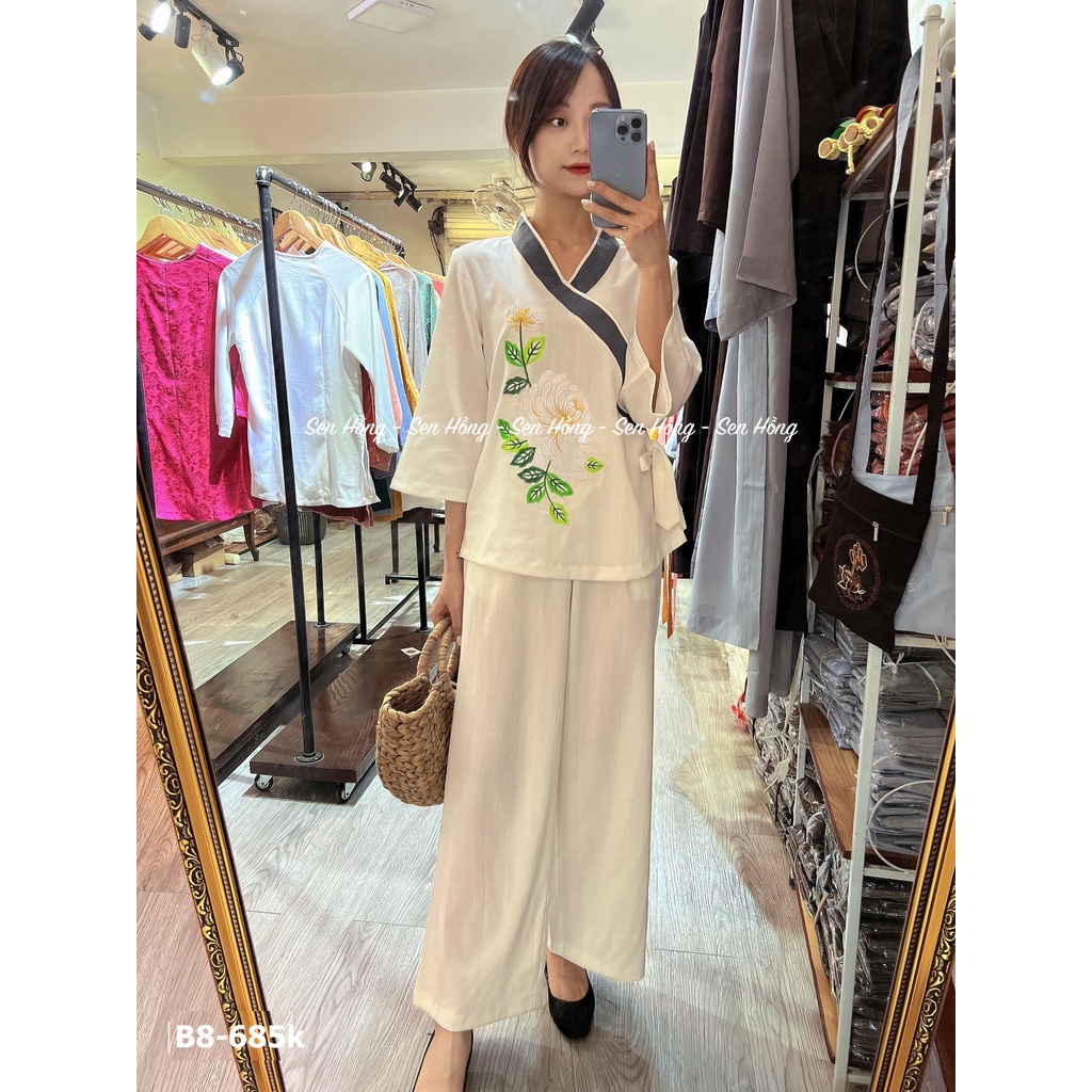 [SEN HỒNG] Quần áo Phật tử thiết kế # đồ lam nữ thêu hoa cúc thủ công - pháp phục vải đũi Hàn dày dặn B8