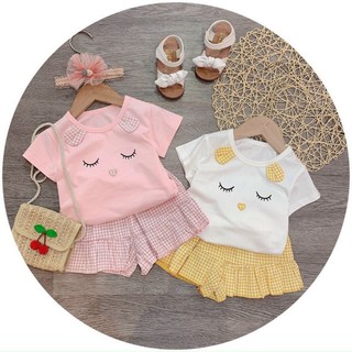 Set tiểu thư áo thun mèo phối quần giả váy
