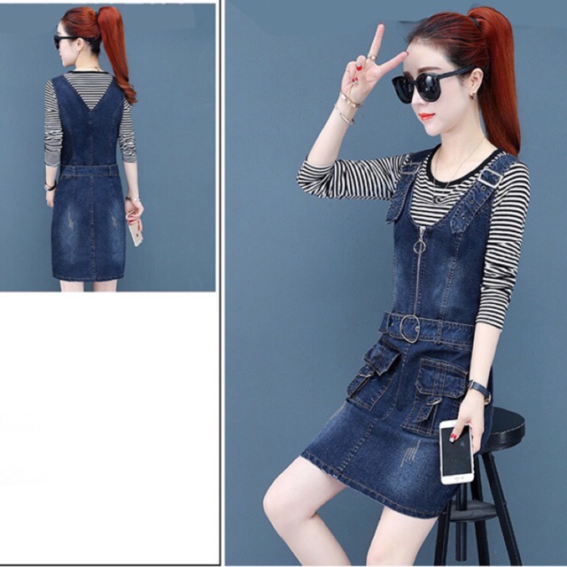 Đầm yếm suông phối dây kéo kèm dây thắt eo ảnh thật bao đẹp