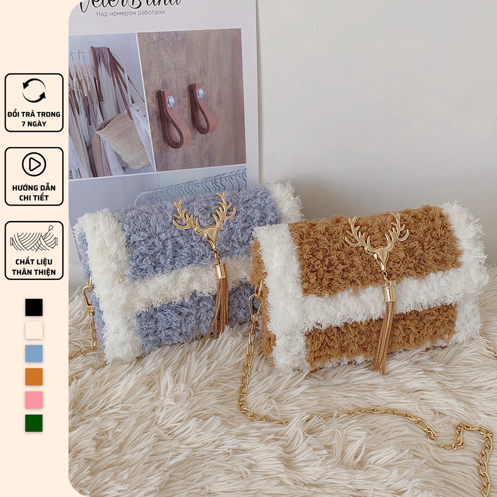 Túi tự đan handmade, túi đeo chéo len xù phối màu thời trang Hàn Quốc - Bộ phụ kiện đầy đủ LX203