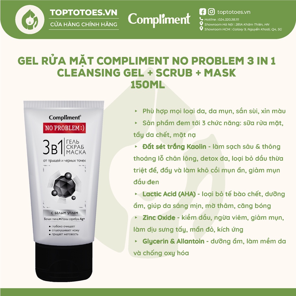 Gel rửa mặt Compliment No Problem 3 in 1 Cleansing Gel + Scrub + Mask giảm mụn đầu đen 150ml