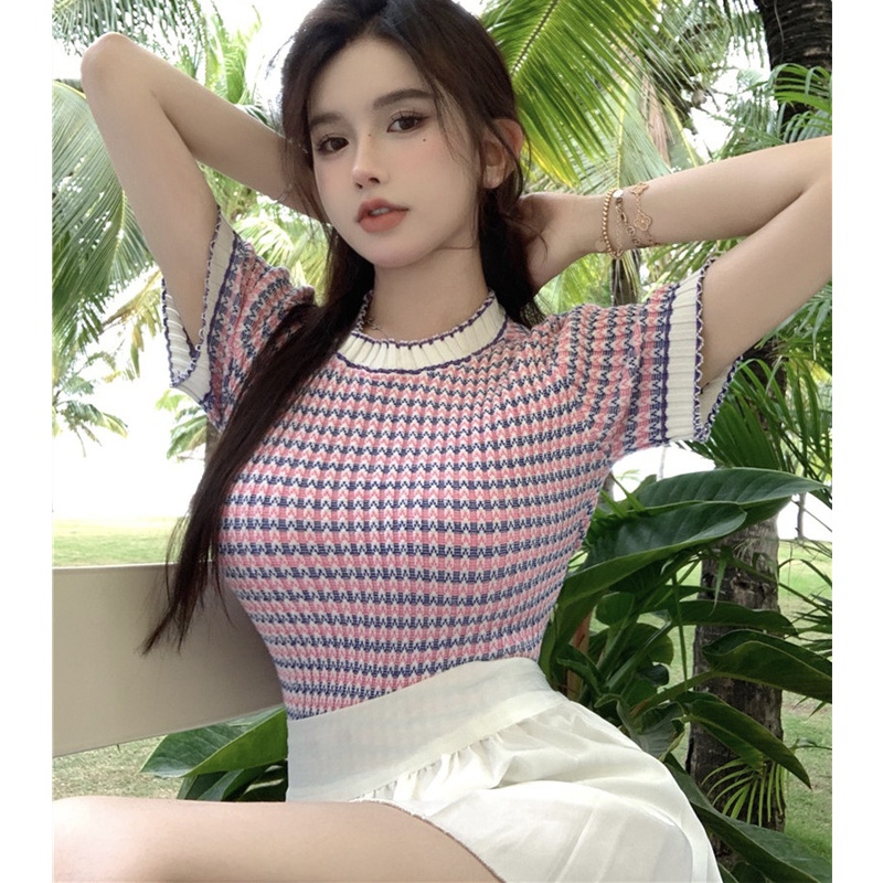 Áo Thun Dệt Kim Tay Ngắn Cổ Tròn Dáng Ôm Thời Trang Sang Trọng