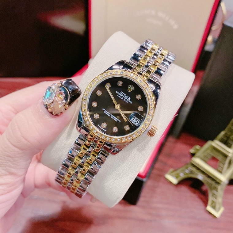 Đồng hồ thời trang nữ Rolex đeo tay dây thép không gỉ đính đá sang trọng dây kim loại mạ vàng chống nước chống xước