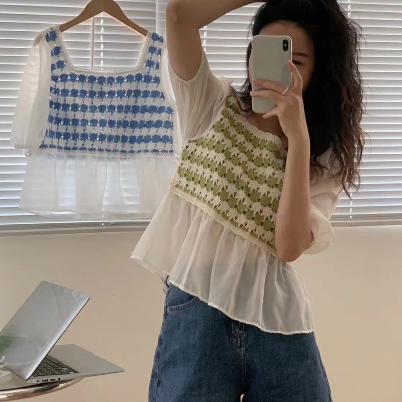 Brroa Áo Sơ Mi Chiffon Tay Lửng Thêu Họa Tiết Khối Màu Thời Trang Mùa Hè Cho Nữ
