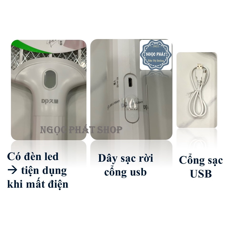 Vợt muỗi thông minh DP-831, dây sạc rời cổng usb - micro, có đèn Pin Led