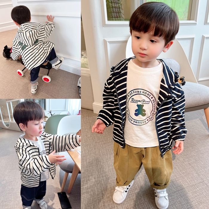 Áo Khoác Cardigan Có Nón Họa Tiết Kẻ Sọc Phong Cách Hàn Quốc Nhật Bản Mới 2022 Cho Bé Trai