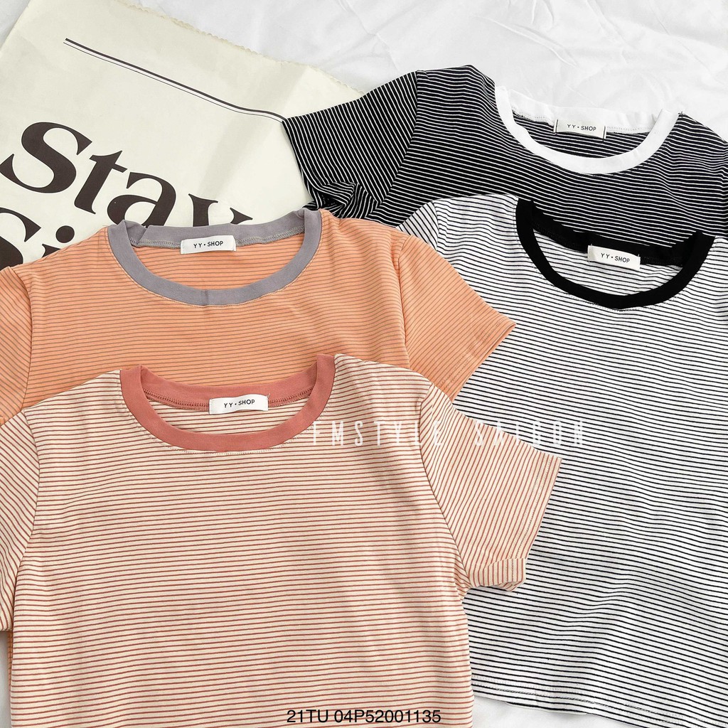 Áo thun kẻ sọc ngang cổ màu, áo phông nữ tay ngắn xinh Hàn Quốc ulzzang Fmstyle Saigon 21TU06P51701 | BigBuy360 - bigbuy360.vn