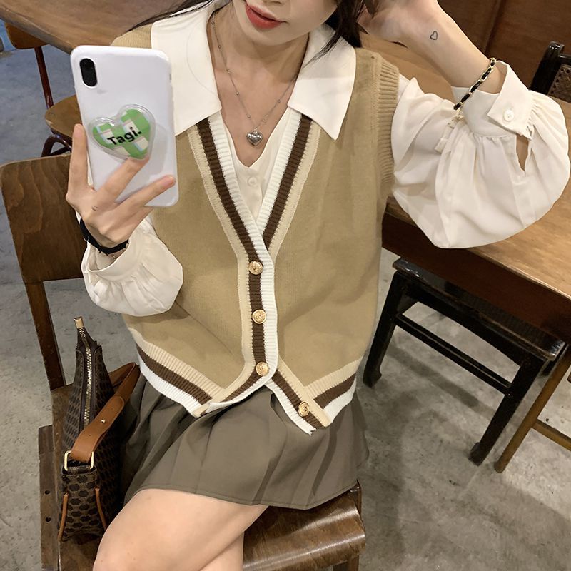 Set áo khoác ghi lê dệt kim + áo sơ mi tay dài thời trang cho nữ