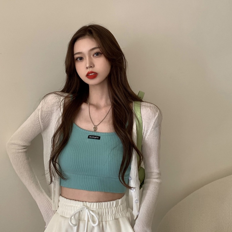 DUNEA Áo Hai Dây Dệt Kim Dáng Ngắn Quyến Rũ Cho Nữ