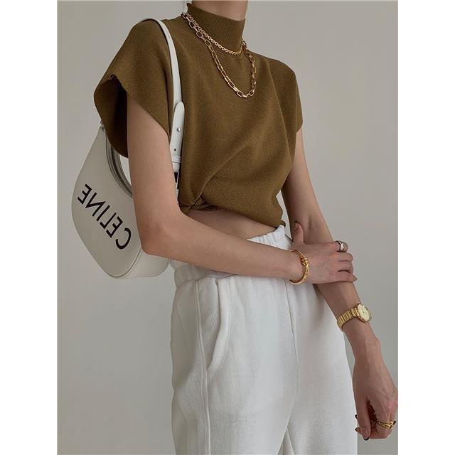 Áo thun nữ dệt kim dáng rộng cổ cao màu sắc đơn giản phong cách Hàn Quốc