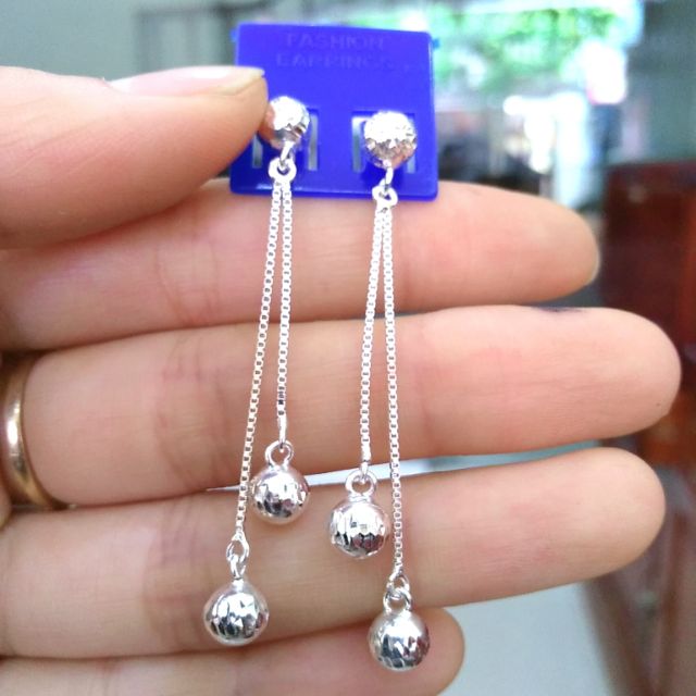 Bông tai bạc Bông tua dua hạt bi bạc ta phay bóng _Van jw