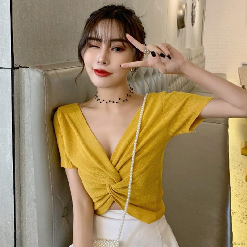 Áo Croptop dệt kim tay ngắn thiết kế cổ chữ V quyến rũ cho phái nữ