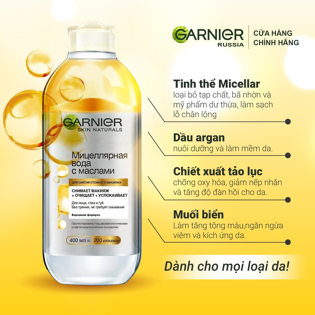 Nước tẩy trang Garnier Micellar với dầu (Trộn cùng dầu tẩy trang giúp làm sạch hơn với cả lớp trang điểm dầy)  Lọ 400ml