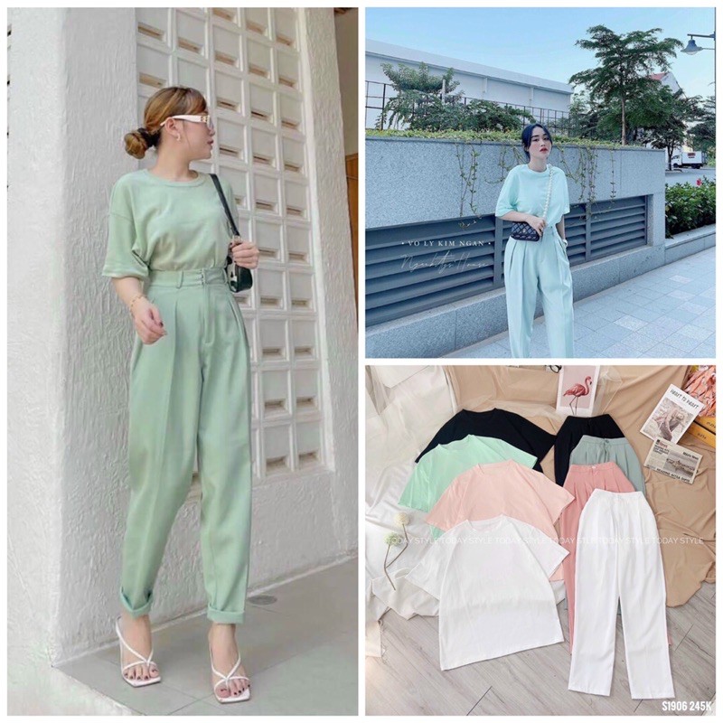 Set Áo Thun Trơn Quần Baggy Tây 4 Màu(Xả Kho Kèm Ảnh Thật 100%)